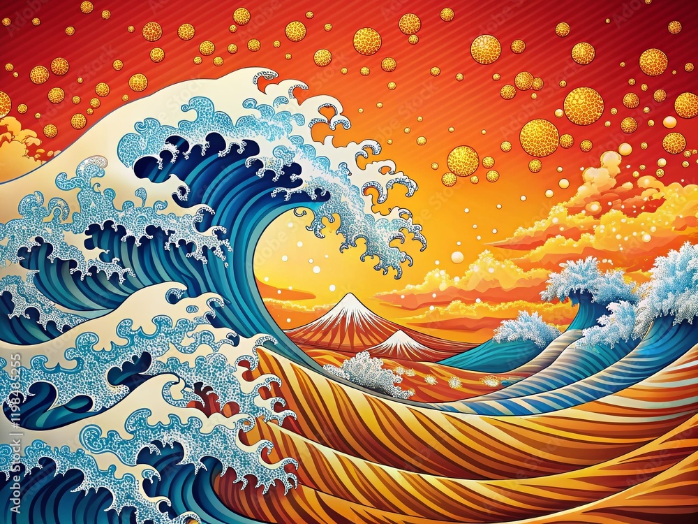 Poster abstract japanese wave pattern background - generative ai art, right copy space