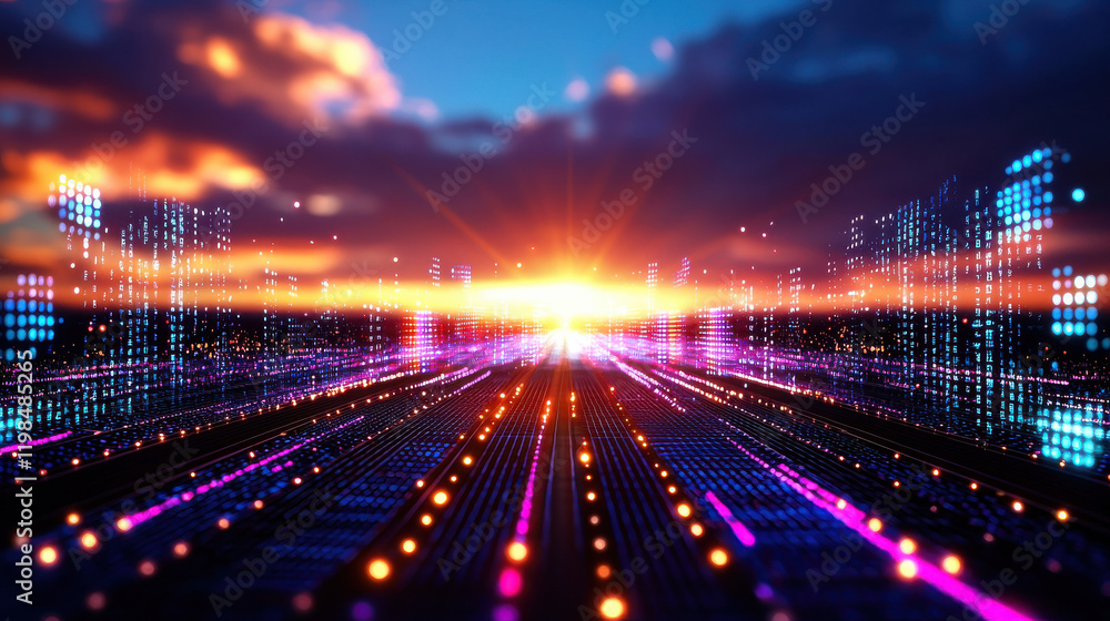 Poster vibrant digital landscape with colorful lights and sunset view, creating futuristic atmosphere. scen