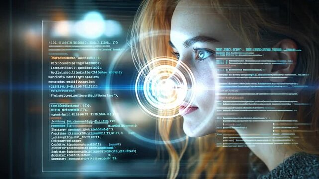 Cyber Woman: A focused young woman with vibrant red hair is immersed in a futuristic digital interface, lines of code and glowing holographic circles surrounding her face.