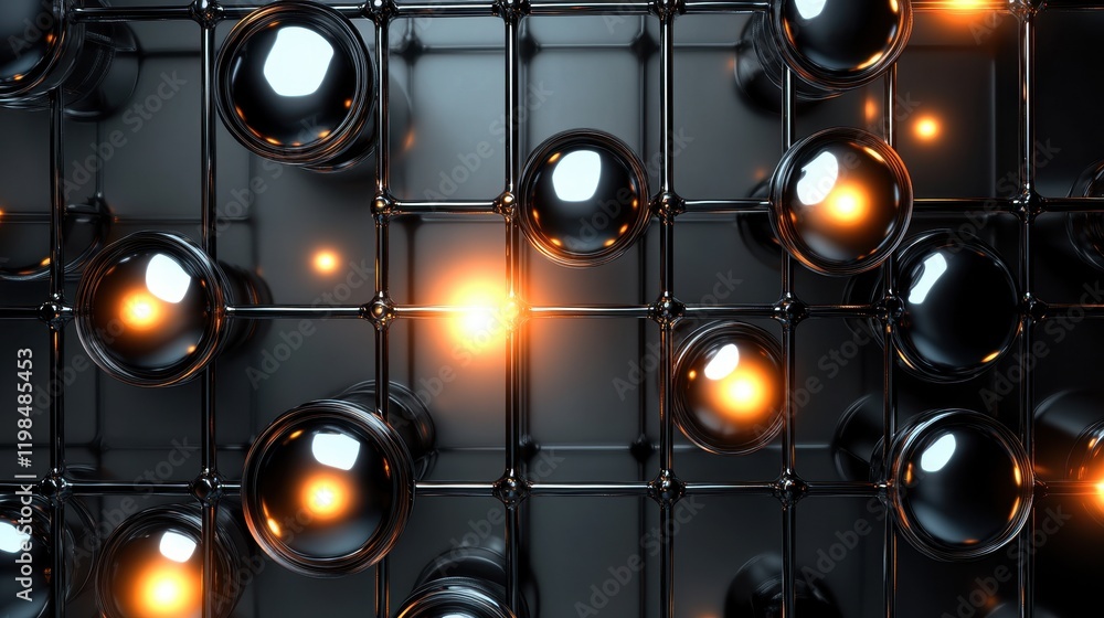 Poster abstract 3d rendering of chrome spheres in a grid with glowing orbs