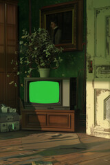  Animated retro vintage portable television in old style room with green screen