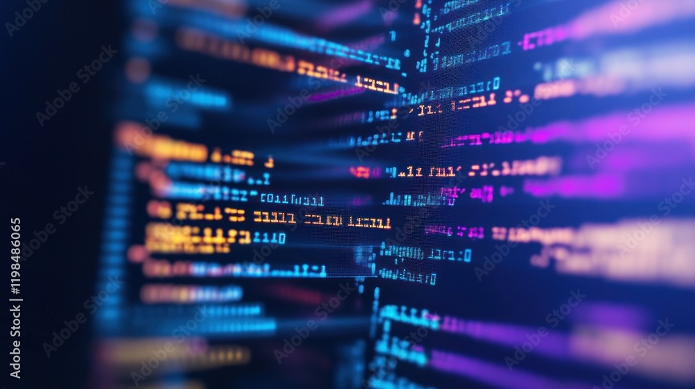 Poster abstract digital code: neon hues in programming