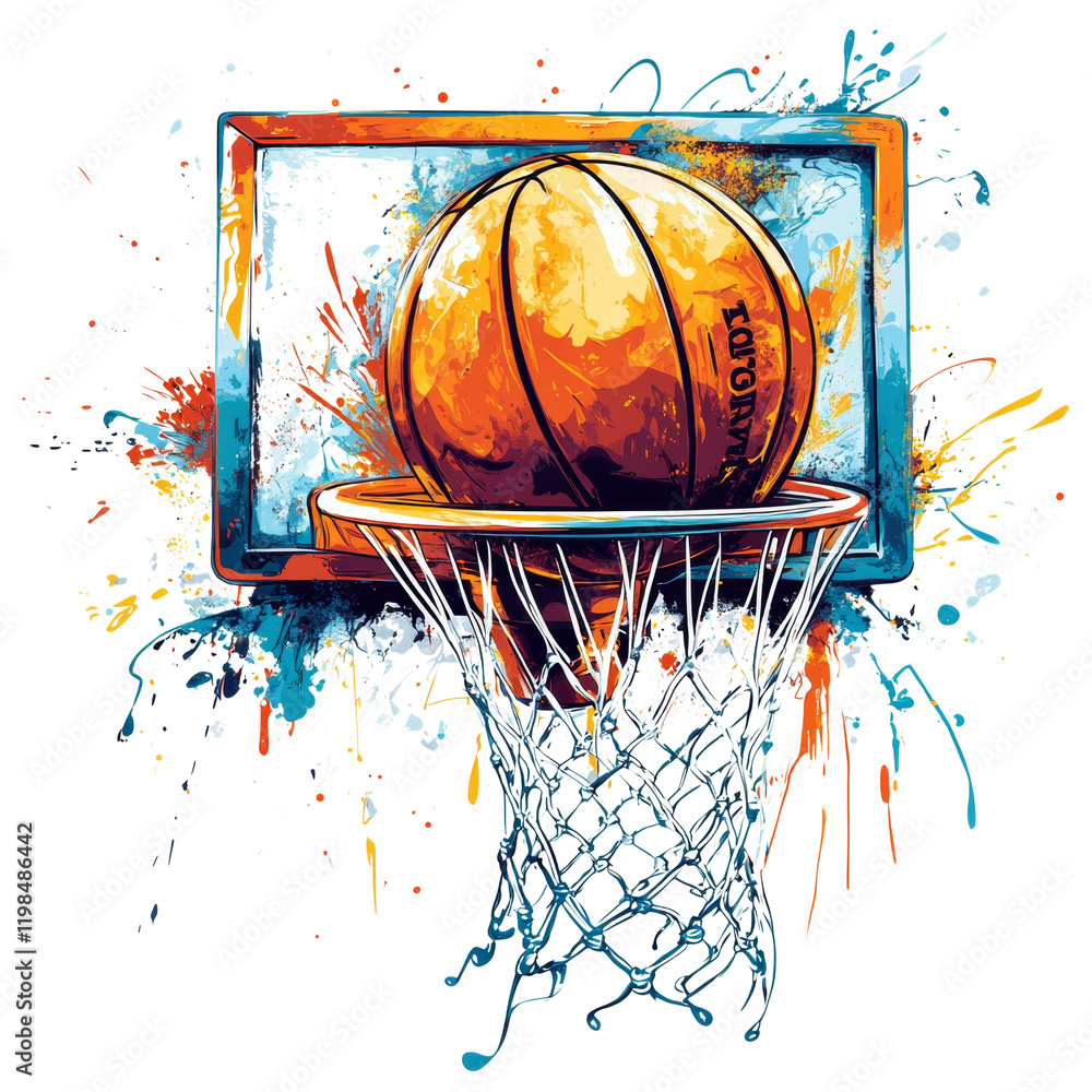 Poster a stylized illustration depicts a basketball entering a net with vibrant paint splashes surrounding 