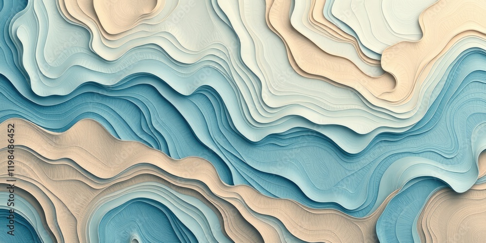 Poster abstract layered wave pattern in soft blues and creams for design backgrounds