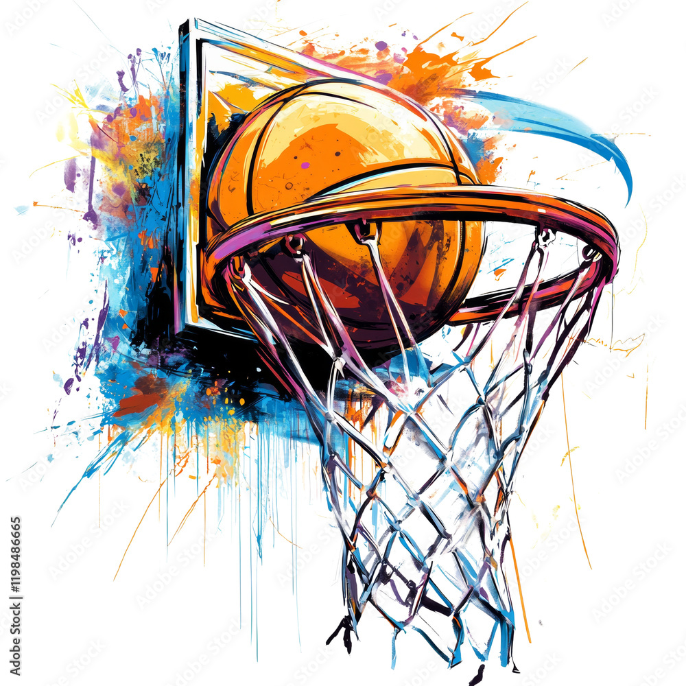 Poster an abstract painting depicts a basketball going through a net with vibrant color splashes.