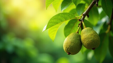 Two young jackfruits hanging from a branch, surrounded by vibrant green foliage in sunlight