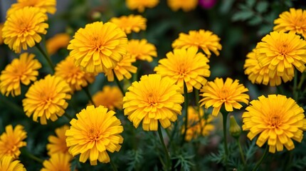 Fototapeta premium Yellow flowers in full bloom, captured up close with vivid colors and textures, conveying freshness, beauty, and the essence of nature during the spring season.