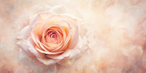 Obraz premium A Delicate Peach Rose Blossom Close-Up, Softly Illuminated Against a Pastel Background of Petals and Subtle Sparkle