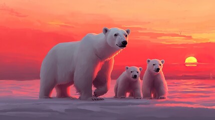A mother polar bear with her cubs playing on a massive ice sheet, showcasing the beauty of Arctic life
