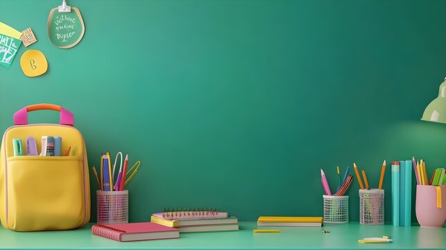 Back to school concept with school books, textbooks, backpack and stationery supplies on classroom desk with teacher's green chalkboard background with educational doodle for new academic year begin