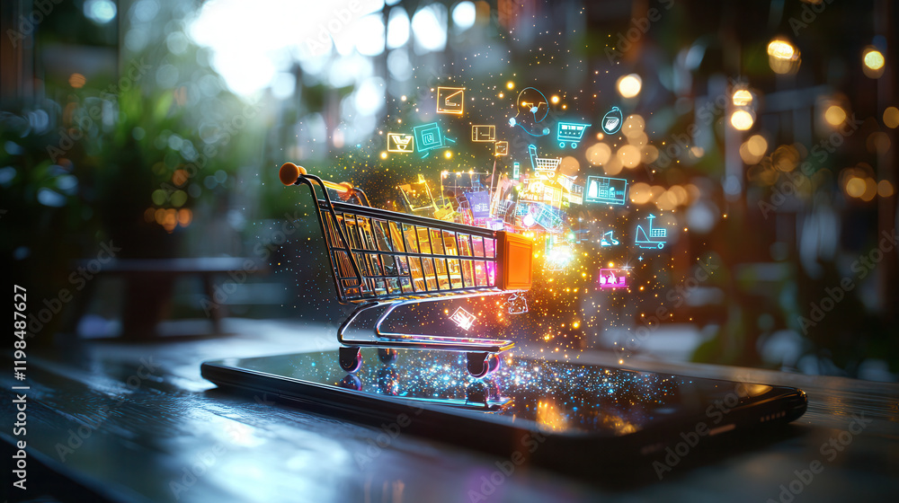 Poster dynamic scene of shopping cart projecting colorful digital icons from smartphone, symbolizing online