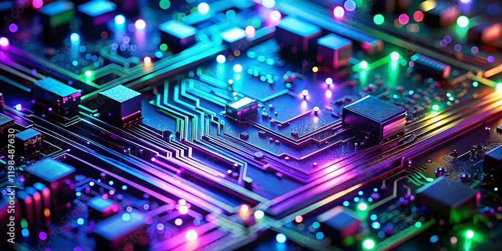 Poster abstract techno macro background: glittering circuits and digital textures