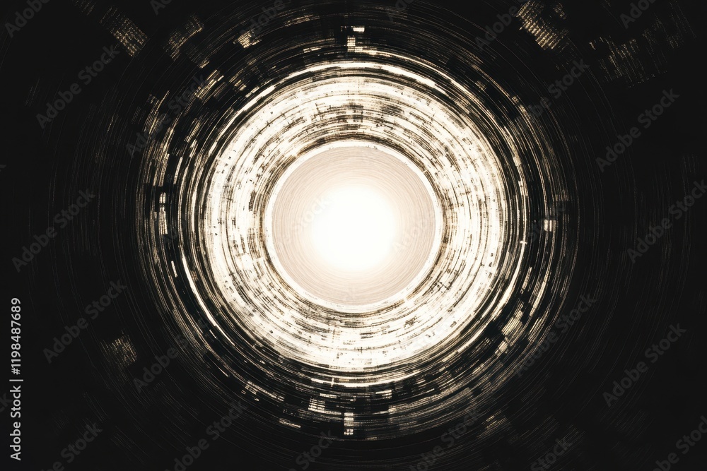Poster abstract dark tunnel with glowing light at the end, circular pattern with textured brush strokes.