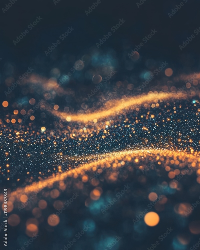 Poster abstract glowing particle wave background with golden and teal bokeh lights.