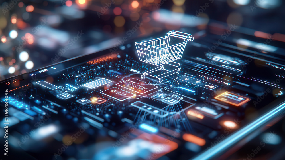 Poster futuristic smartphone displaying 3d shopping cart and digital interface, symbolizing modern online s