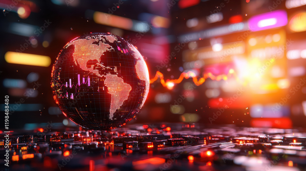 Poster cinematic close up of glowing globe representing global economic analytics, surrounded by vibrant da