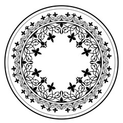 Beautiful round frame arabesque. Round Monochrome plate . Vintage, ethnic vector frame with arabesques. EPS. Vintage black pattern with arabesques for round surfac, sandblasting, ceramics, embroidery
