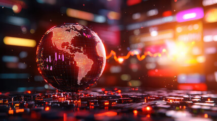 cinematic close up of glowing globe representing global economic analytics, surrounded by vibrant data visualizations and dynamic graphs