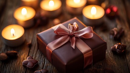 Chocolate gift box tied with a satin ribbon, surrounded by glowing candles, soft shadows enhancing the warm romantic atmosphere