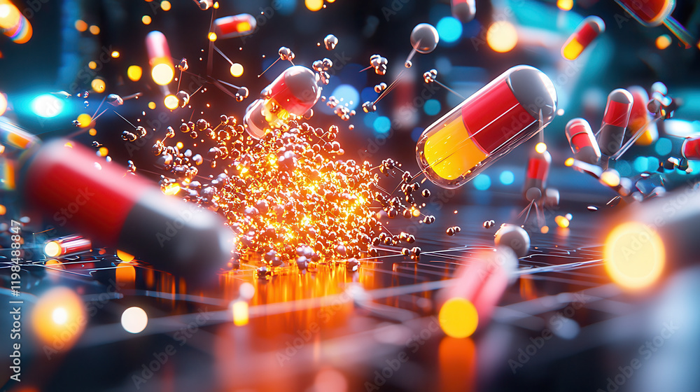Poster cinematic close up of nanobots modifying genetic material with vibrant capsules and glowing particle