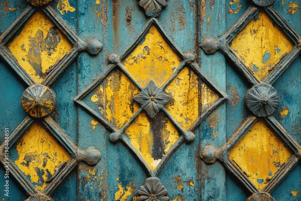 Poster detailed close-up of a weathered metal gate with ornate diamond pattern and rust texture.