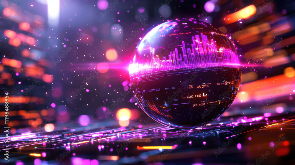 Poster vibrant, futuristic hologram globe with data visualizations and glowing particles, set against dynam
