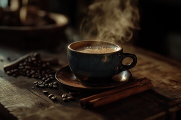 Steaming Cup of Fresh Brewed Coffee with Cinnamon Sticks and Coffee Beans on Rustic Wooden Surface.