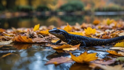 Great Crested Newt in the Fall: Exploring the Pond with Fallen Leaves