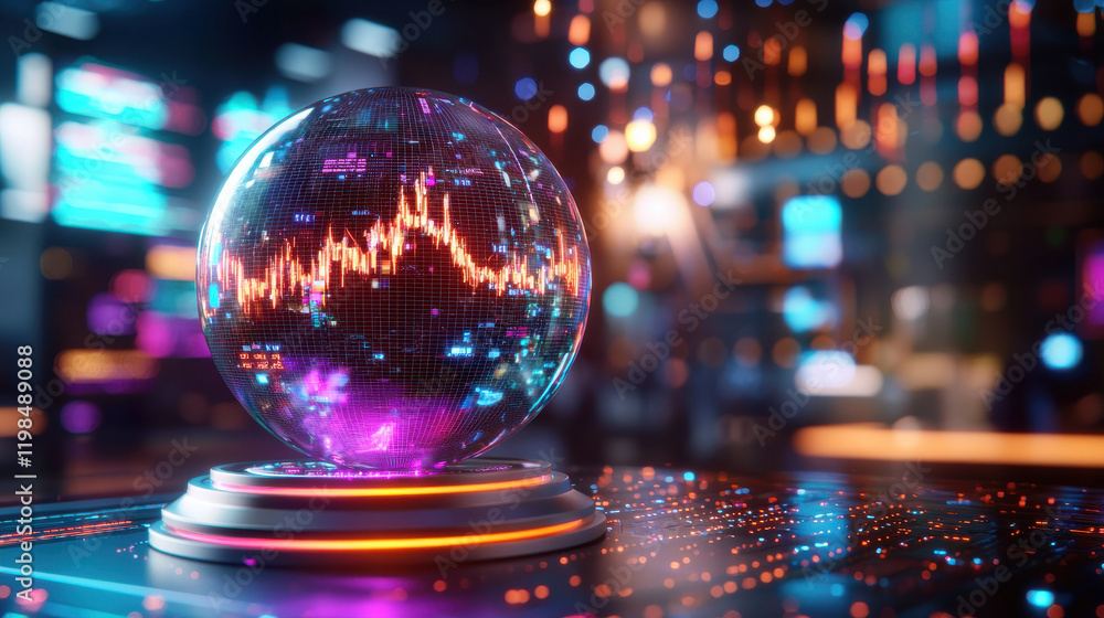 Poster Futuristic hologram globe displaying data trends and analytics in vibrant setting. colorful lights and digital elements create dynamic atmosphere for technology enthusiasts