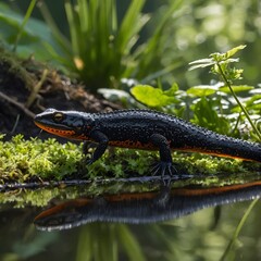 Fototapeta premium Conservation Efforts: Great Crested Newt in Restored Habitat