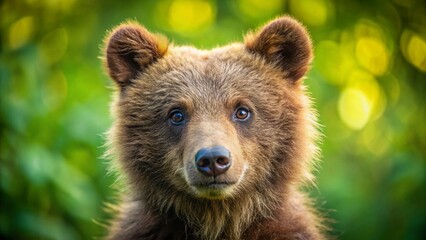 Fototapeta premium Adorable Brown Bear Cub Close-up Portrait in Wild Nature Landscape