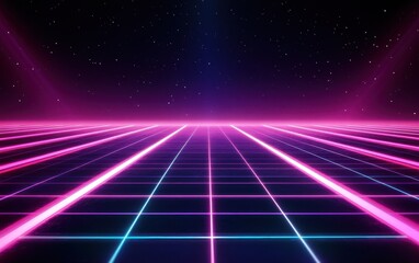 Retro 80s Style Neon Grid Landscape with Starry Galaxy Sky Background.