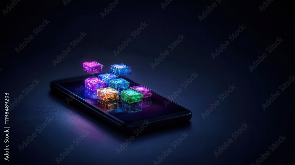 Poster smartphone screen projecting vibrant holographic blocks in various colors, creating futuristic and e