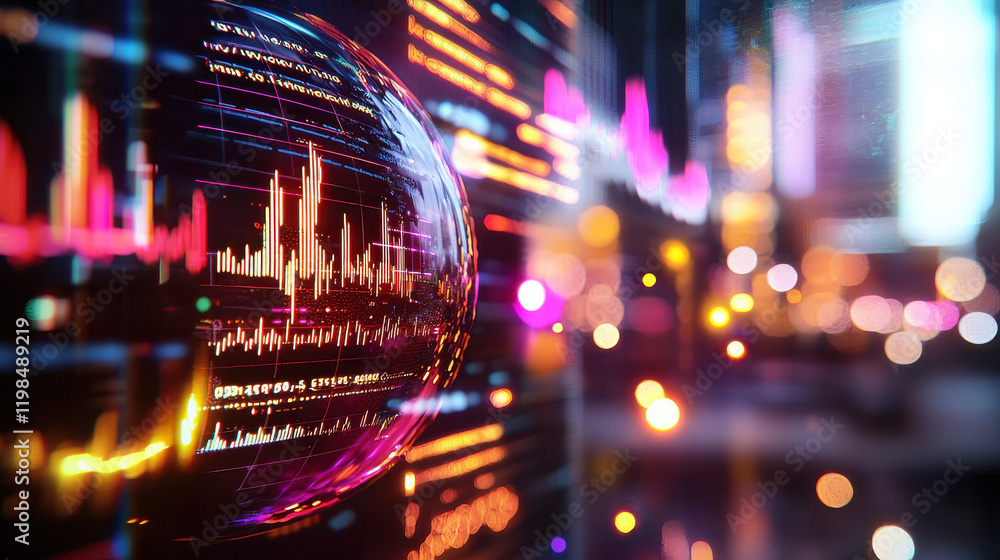 Leinwandbilder futuristic holograms displaying data visualizations in vibrant cityscape. colorful lights and graphs