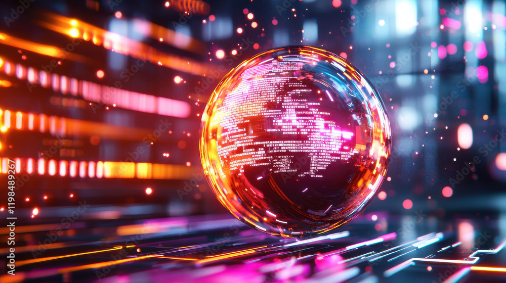 Poster futuristic holographic globe displaying digital data and vibrant colors, representing technology and innovation in modern environment