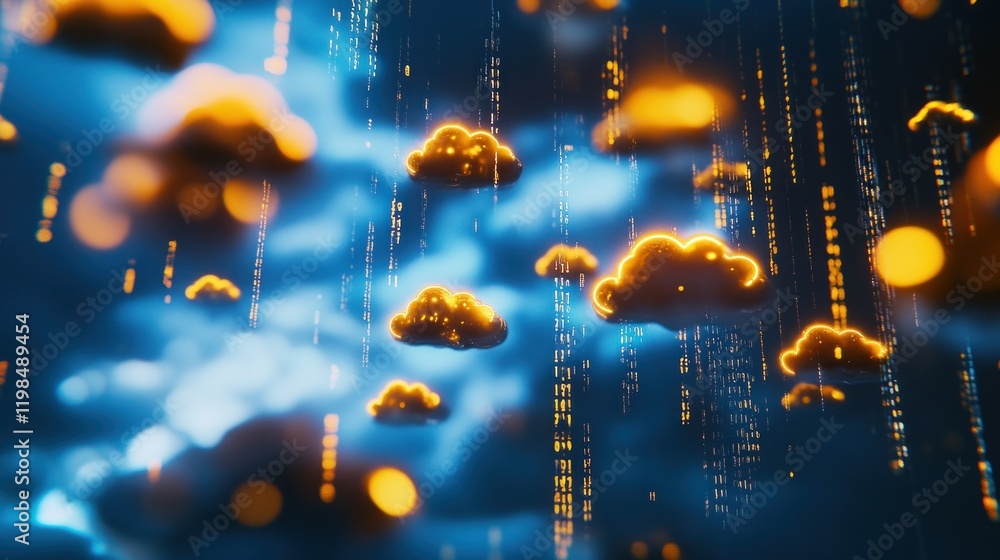 Poster abstract digital cloud computing network: glowing clouds and data streams