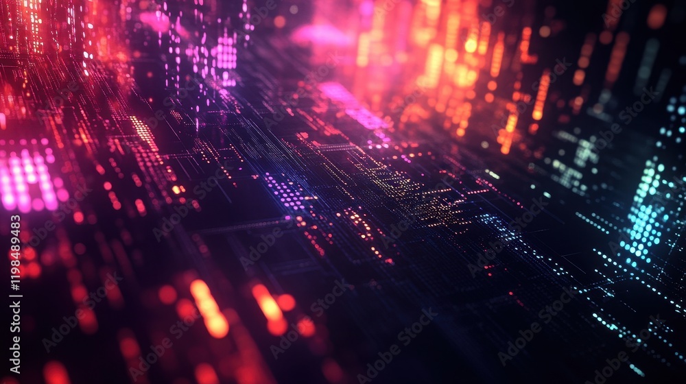 Poster abstract futuristic tech background with colorful glowing particles and lines, digital data network 