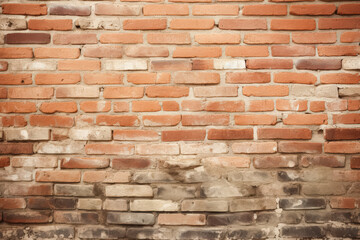 Fototapeta premium Brick wall with a few missing bricks. The wall is brown and gray. The wall is old and has a worn look