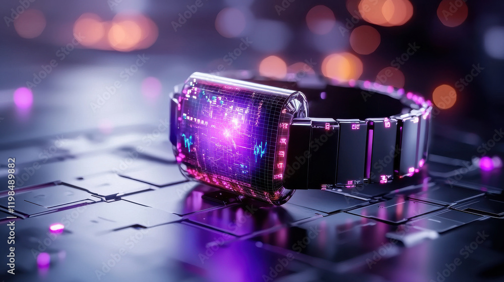 Poster futuristic smartwatch with vibrant display showcasing data and graphics, set against high tech backg