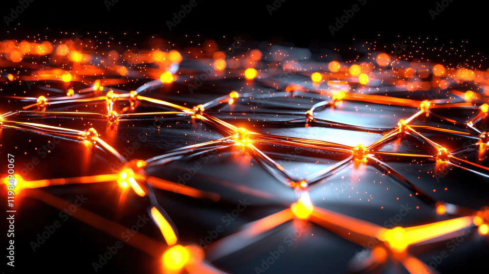 Poster Cinematic depiction of encrypted blockchain network with glowing nodes and connections. vibrant orange lights create dynamic and futuristic atmosphere