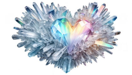 A heart of crystalline ice with perfect clarity, radiating a soft iridescent glow and glimmering rainbow shards, on a white transparent background PNG