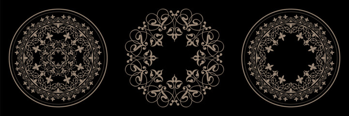 Collection of decorative luxury gold round frames for design. Circle gold modern frame. Elegant element for design in Eastern style. Template for textile, engraving, invitation, embroidery, porcelain