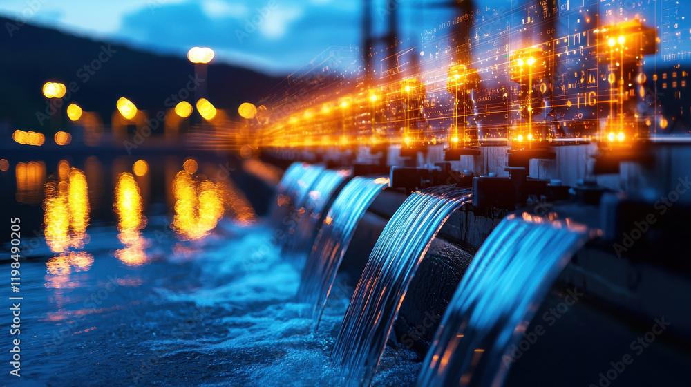 Poster cinematic depiction of flowing water cascading from structure, illuminated by glowing lights. scene 