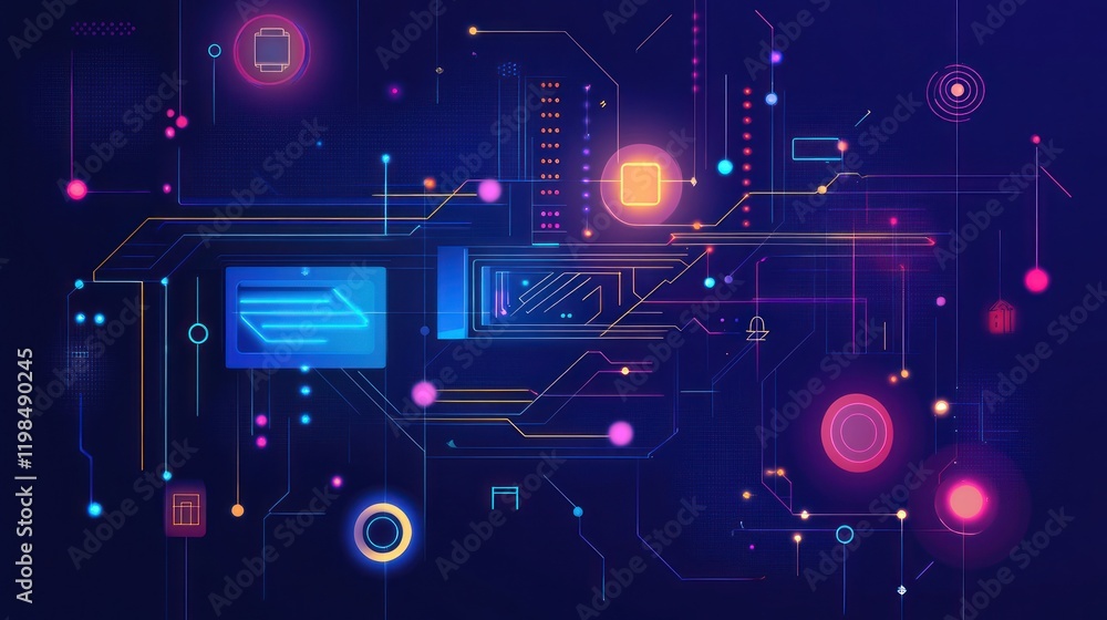 Aufkleber abstract digital network: neon circuitry and data flow