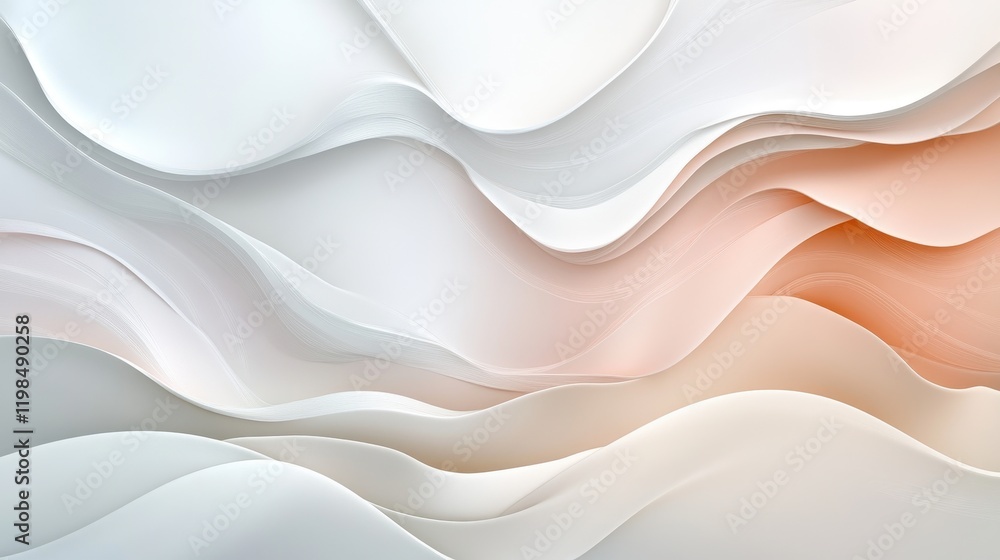 Poster abstract 3d waves of white and light peach color with subtle textures, modern minimal background.