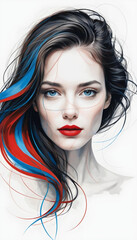 "Abstract Digital Art of a Stylish Woman with Red and Blue Tones"