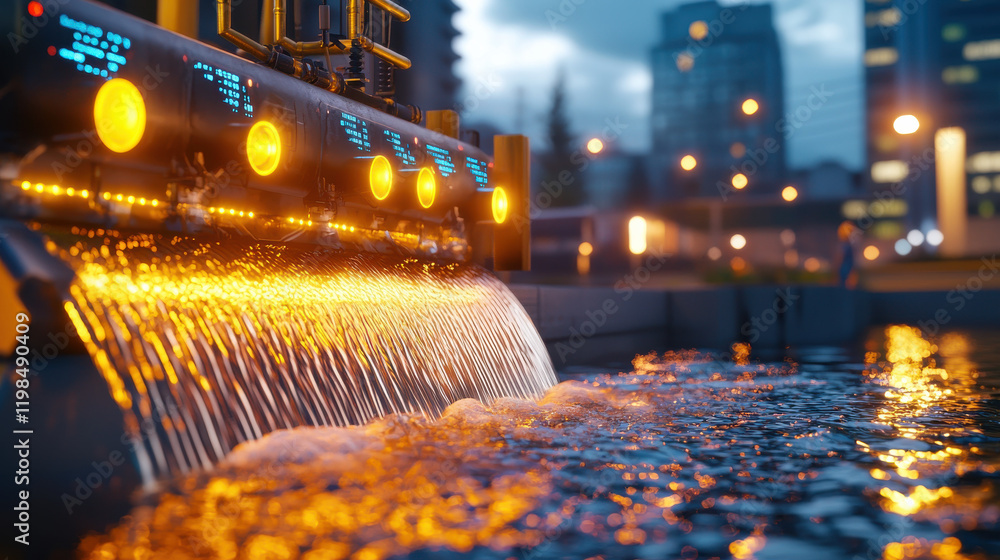Poster cinematic depiction of flowing water cascading from modern structure, illuminated by city lights, cr