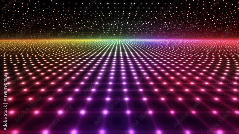 Poster vibrant rainbow grid of lights abstract futuristic background with glowing nodes and network connect