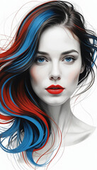 Vibrant Portrait of a Woman with Red and Blue Hair Highlights and Bold Lips