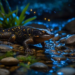 Fototapeta premium Italian Crested Newt in Moonlight by a Serene Stream